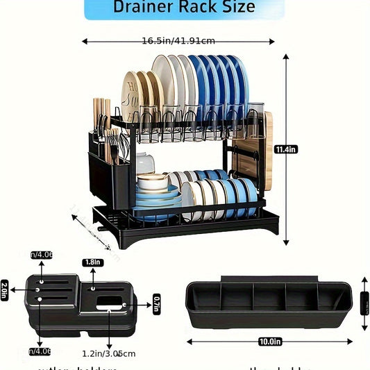 2-Tier Large Dish Drying Rack with Drainboard - Stainless Steel Space-Saving Kitchen Counter Organizer for Dishes, Knives, Cups, Cutting Boards - Black, Household Dish Drainer | Modern Kitchen Rack | Durable Metal Constructio