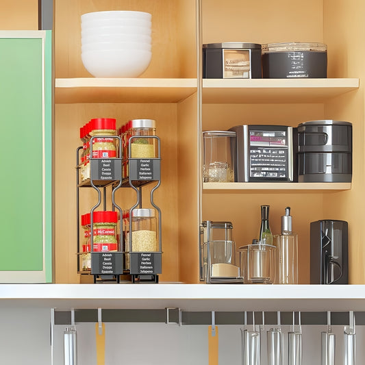 2-Tier Spice Rack Organizer For Cabinets, Heavy Duty Slide Out Design With Labels, 5.2" W X 10.75" D X 10" H, No Jars